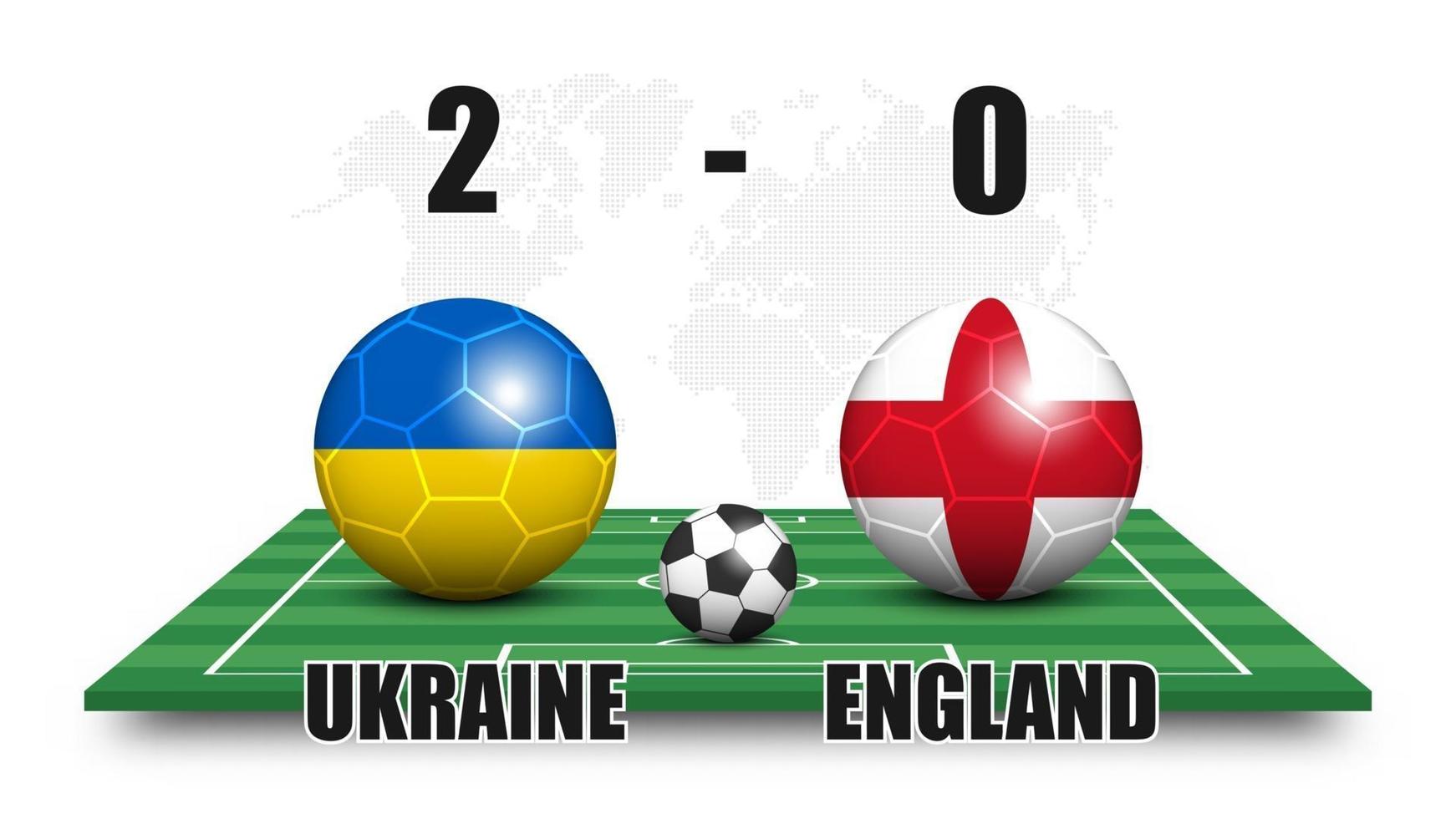 Ukraine vs England . Soccer ball with national flag pattern on perspective football field . Dots world map background . Football match result and scoreboard . Sport cup tournament . 3D vector design .