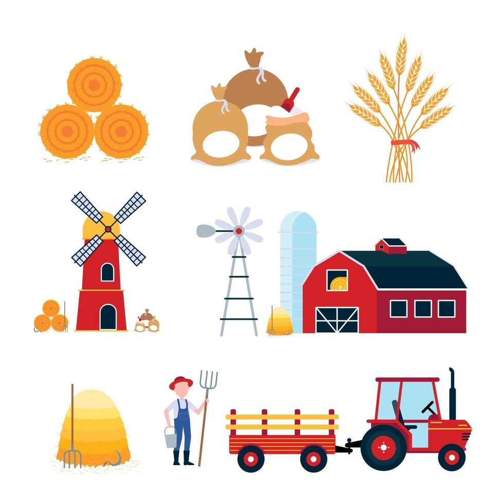 agricultura equipo de cosecha conjunto de agricultura. granero rojo, silo, molino de viento, molino, tractor con semirremolque, fardo de heno, bolsas de harina y espigas de trigo estilo plano ilustración vectorial aislado sobre fondo. vector