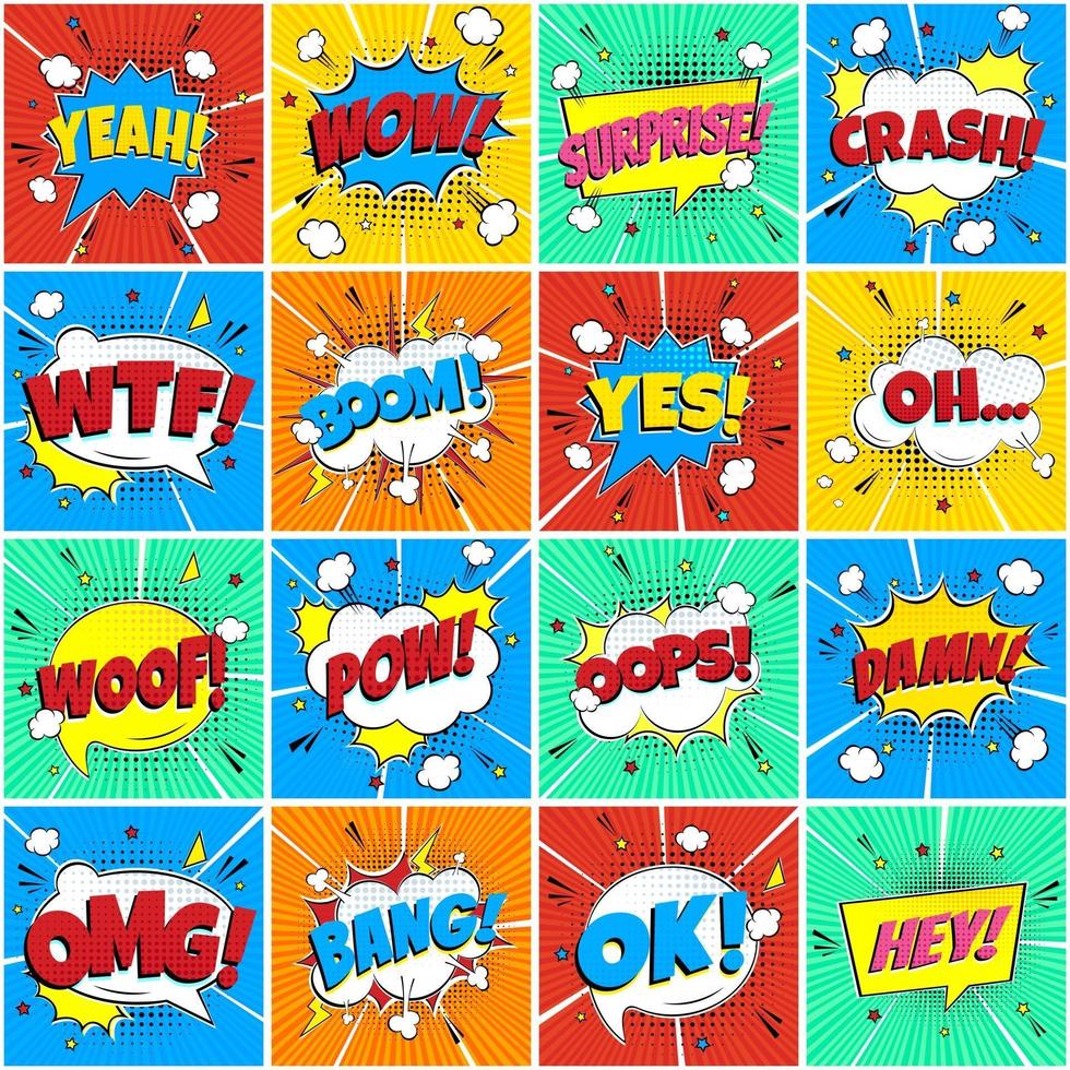 Colorful comic speech bubbles seamless pattern with phrases OMG, POW, BANG, OOPS, WOW, SURPRISE, HEY BOOM etc. flat style design vector illustration isolated on color rays background.
