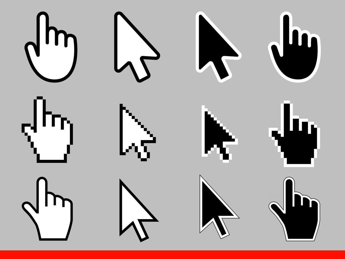 White and black arrow and hand pointer pixel and no pixel cursors icons vector illustration set