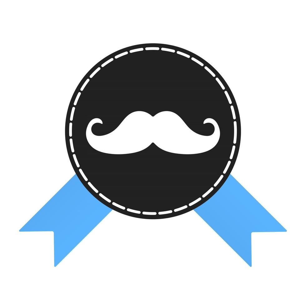 Prostate cancer awareness symbol information. Men support badge label with blue ribbon, mustaches and badge pin flat style design vector illustration isolated on white background.