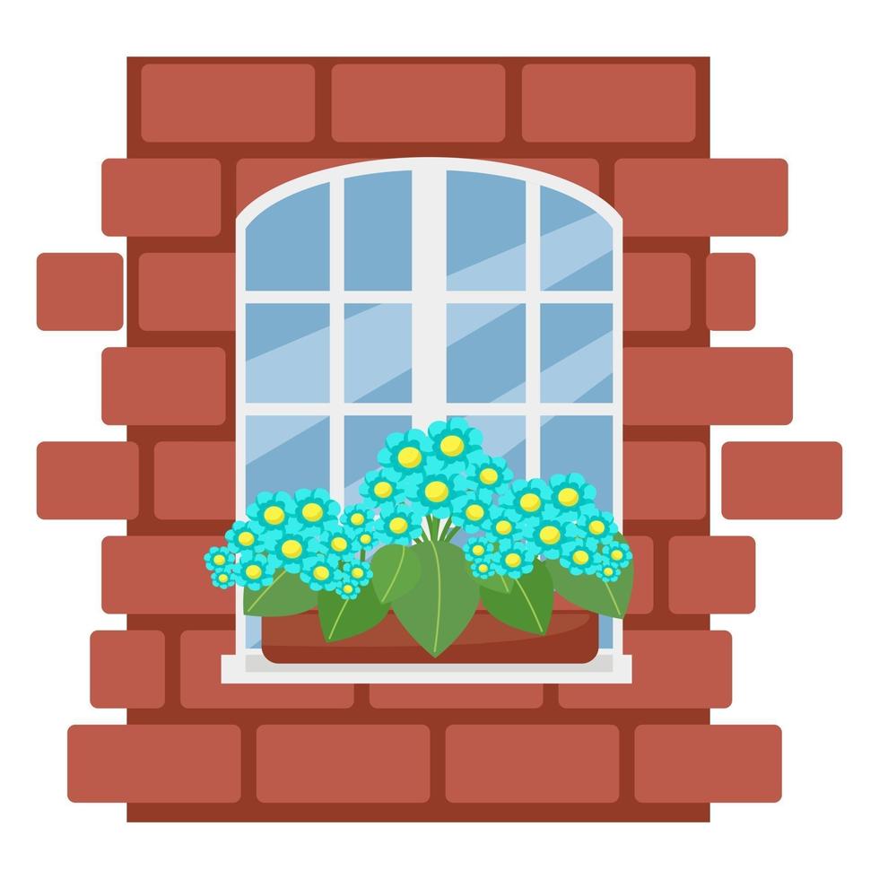 Flowers on the window, brick wall with white window, vector illustration in flat style, cartoon, isolated