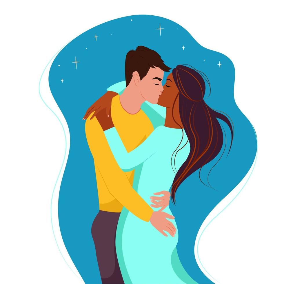 pareja multirracial, chico blanco besa a una chica negra. dos amantes, ilustración vectorial en estilo plano, dibujos animados vector