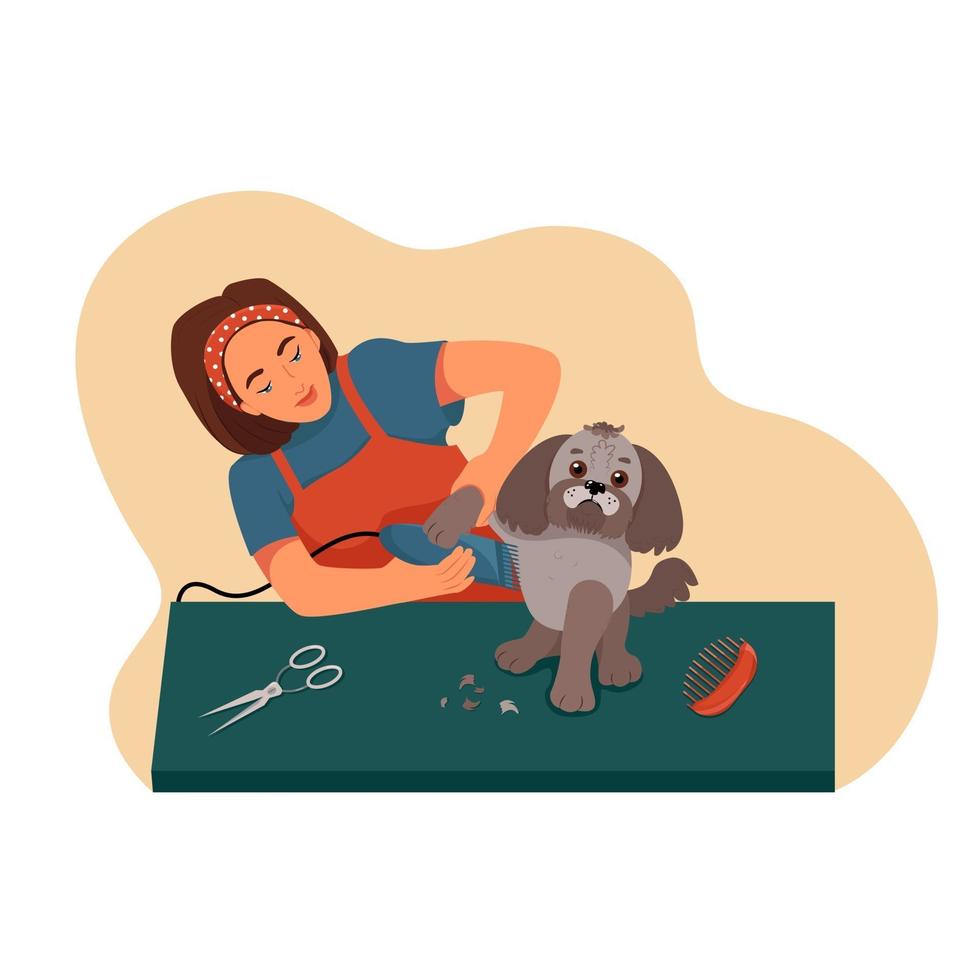 Aseo para mascotas, niña corta al perro sobre la mesa, ilustración vectorial en estilo plano, dibujos animados vector