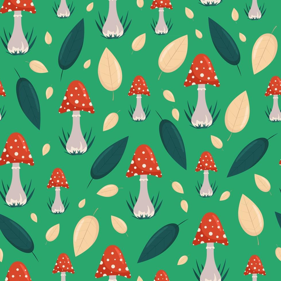 Red toadstools and autumn leaves seamless pattern, vector background in flat style.Cartoon