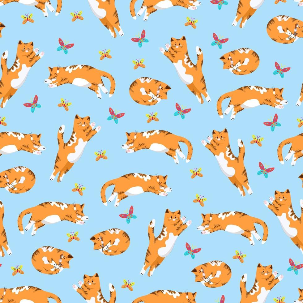 Cats and butterflies seamless pattern in flat style, vector background with animals, cat in different poses pattern