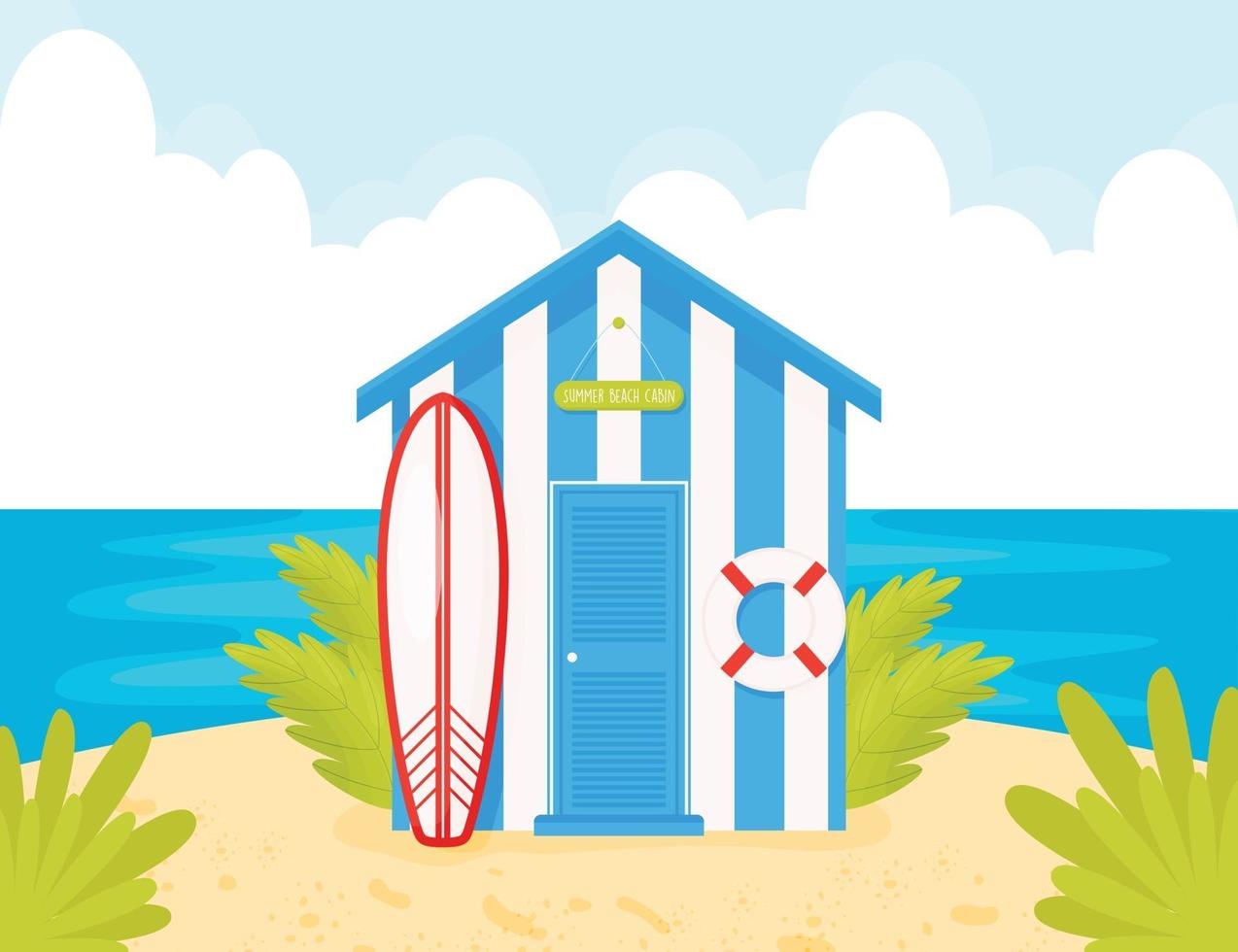 blue beach cabin with surf and lifebuoy vector