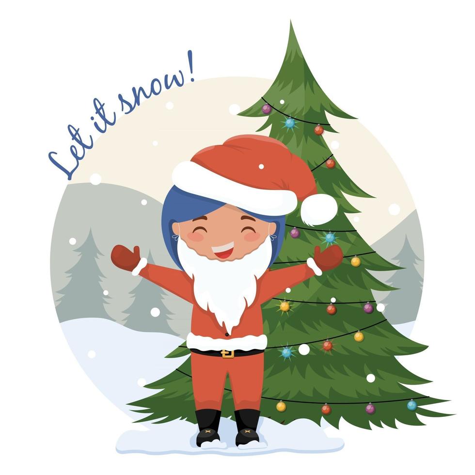 Girl in Santa's clothes in the forest. Let it snow illustration vector