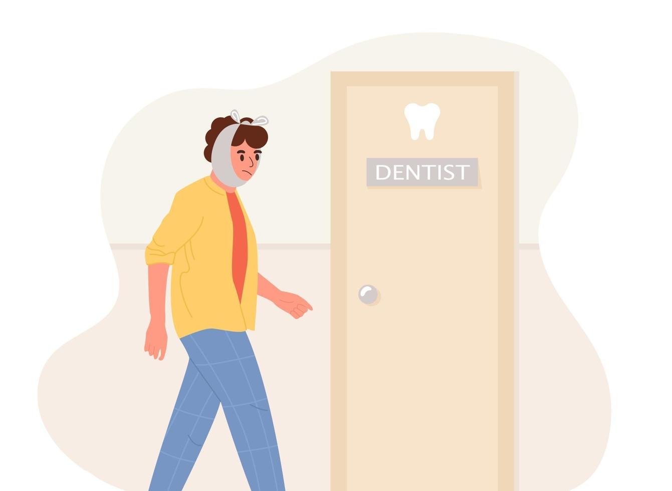 un joven con dolor de muelas va al consultorio del dentista. ilustración vectorial plana aislada vector