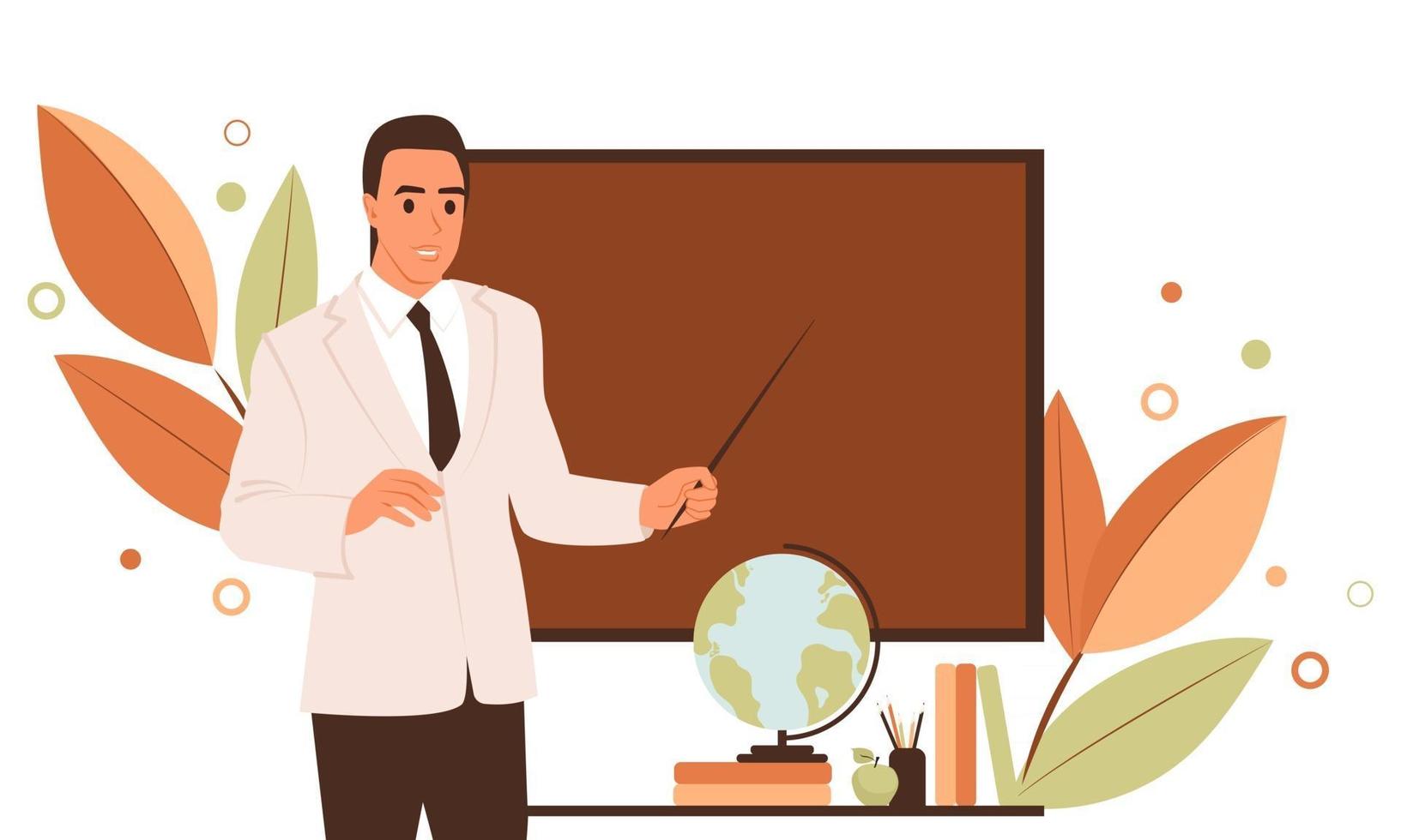 Young male teacher at the chalkboard at school. Learning concept. Flat vector illustration in autumn colors