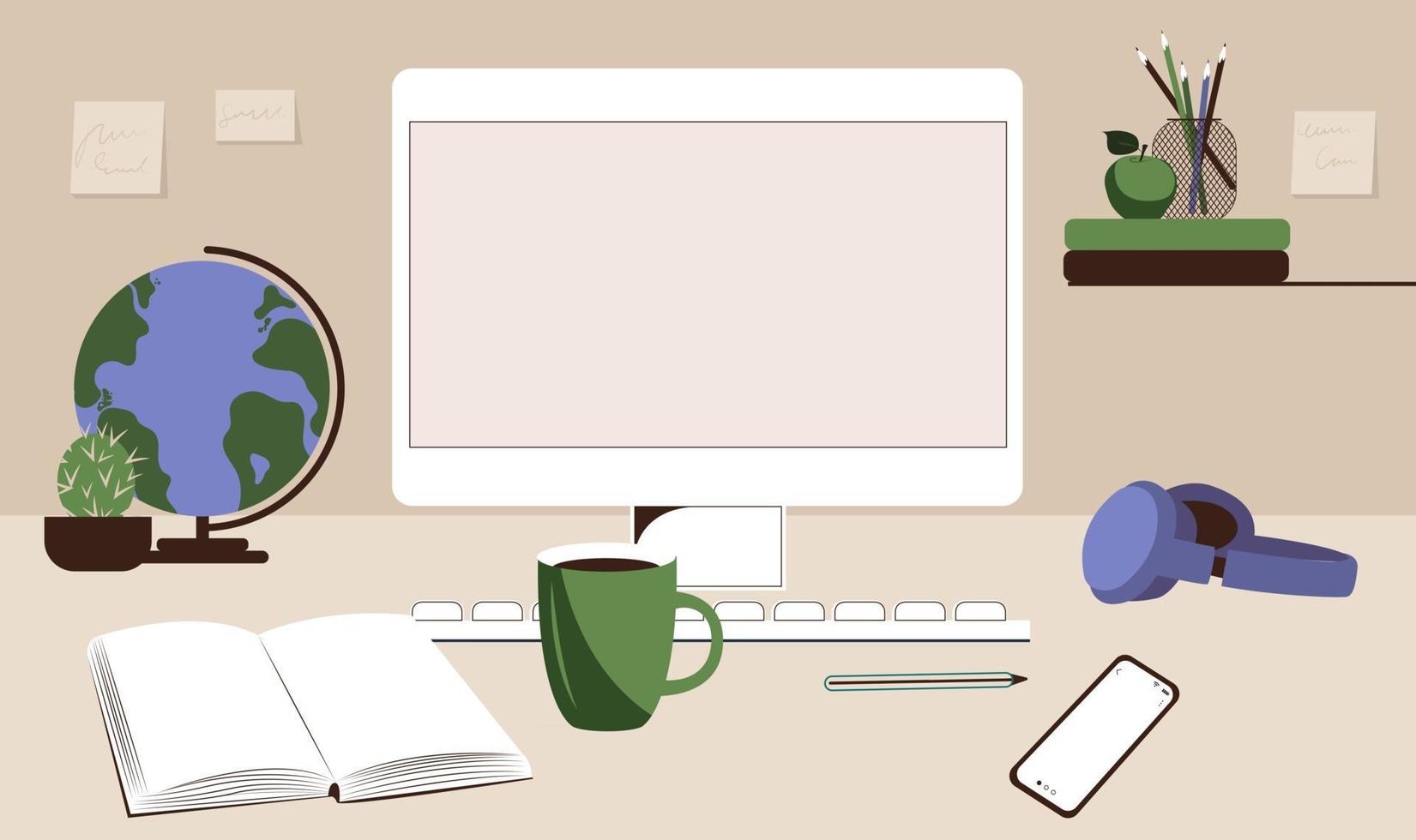 Teenager's desk with computer, books and globe. Study online, back to school education concept. Flat vector illustration