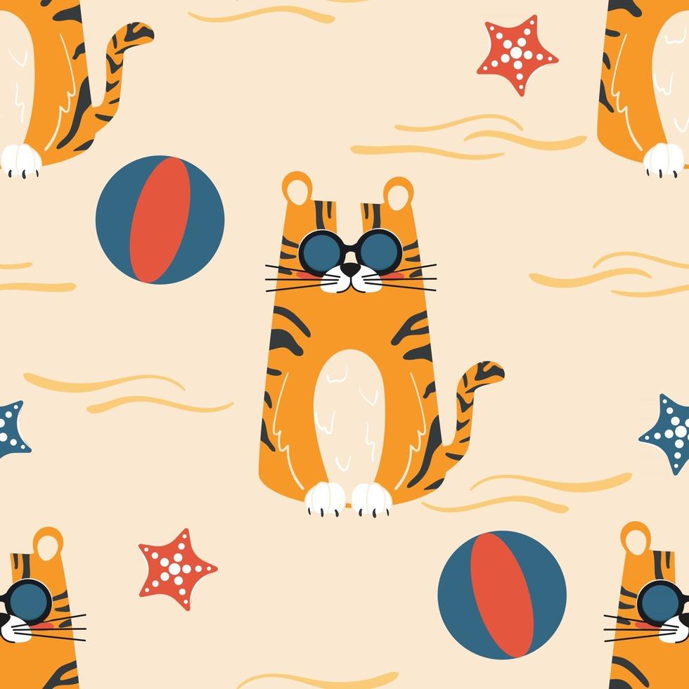 Seamless summer sea pattern cute character tiger in sunglasses on the beach. Cartoon vector illustration