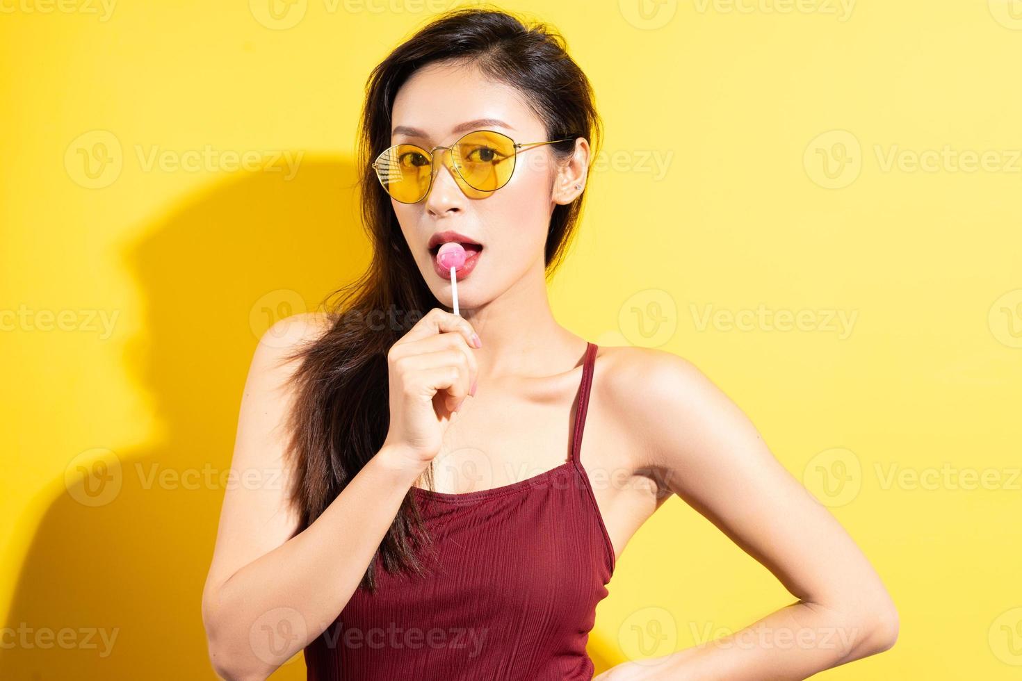 Asian woman in red swimsuit photo