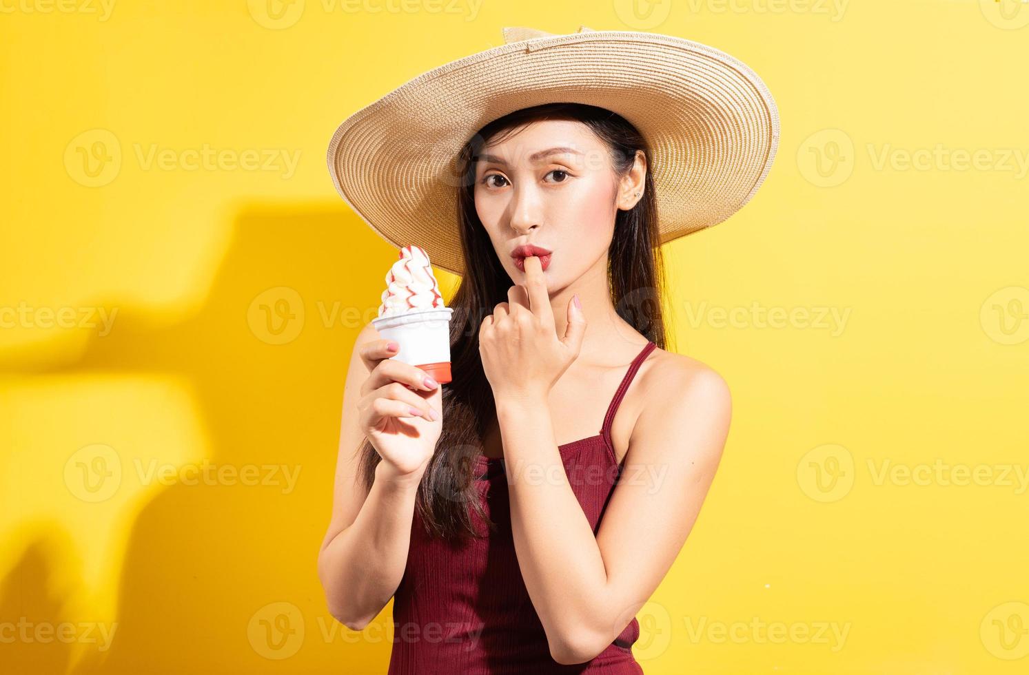 Asian woman in red swimsuit photo