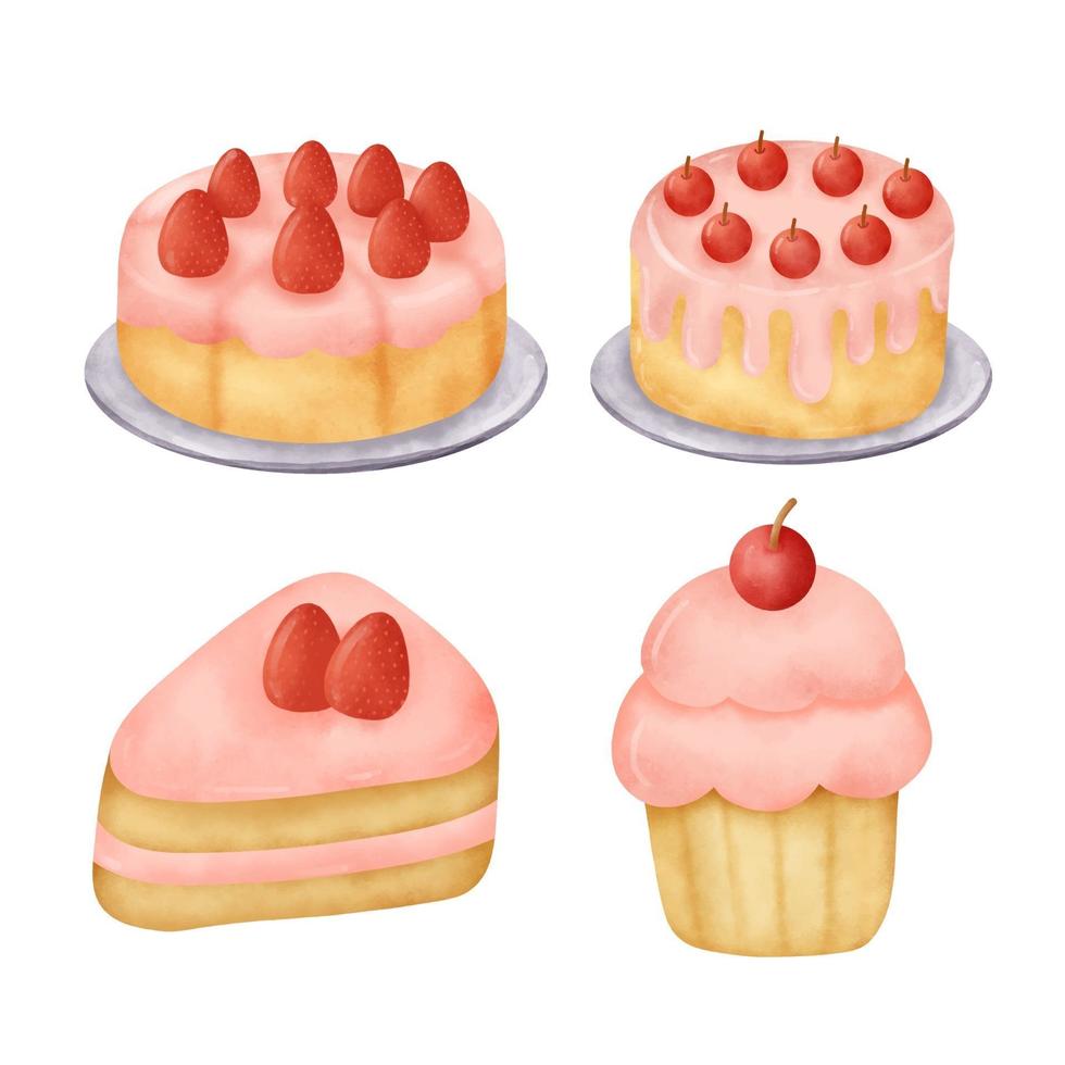 Watercolor hand drawn strawberry cake set. vector