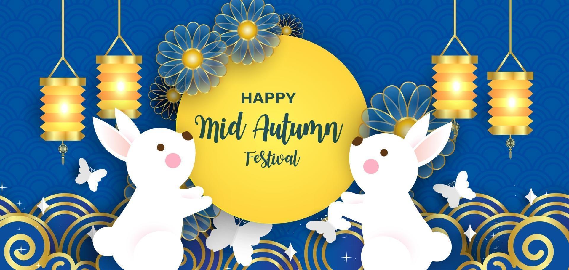 Mid Autumn Festival banner with cute rabbits in paper cut style. vector