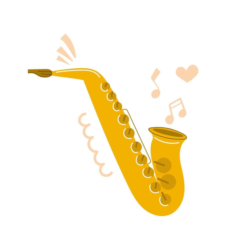 saxofón dibujado a mano en diseño plano, instrumento musical, educación, concepto de venta. vector