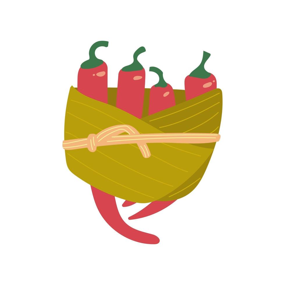 Pimientos rojos picantes dibujados a mano empaquetados en hojas de plátano, empaques ecológicos, sin concepto de plástico. ilustración plana. vector