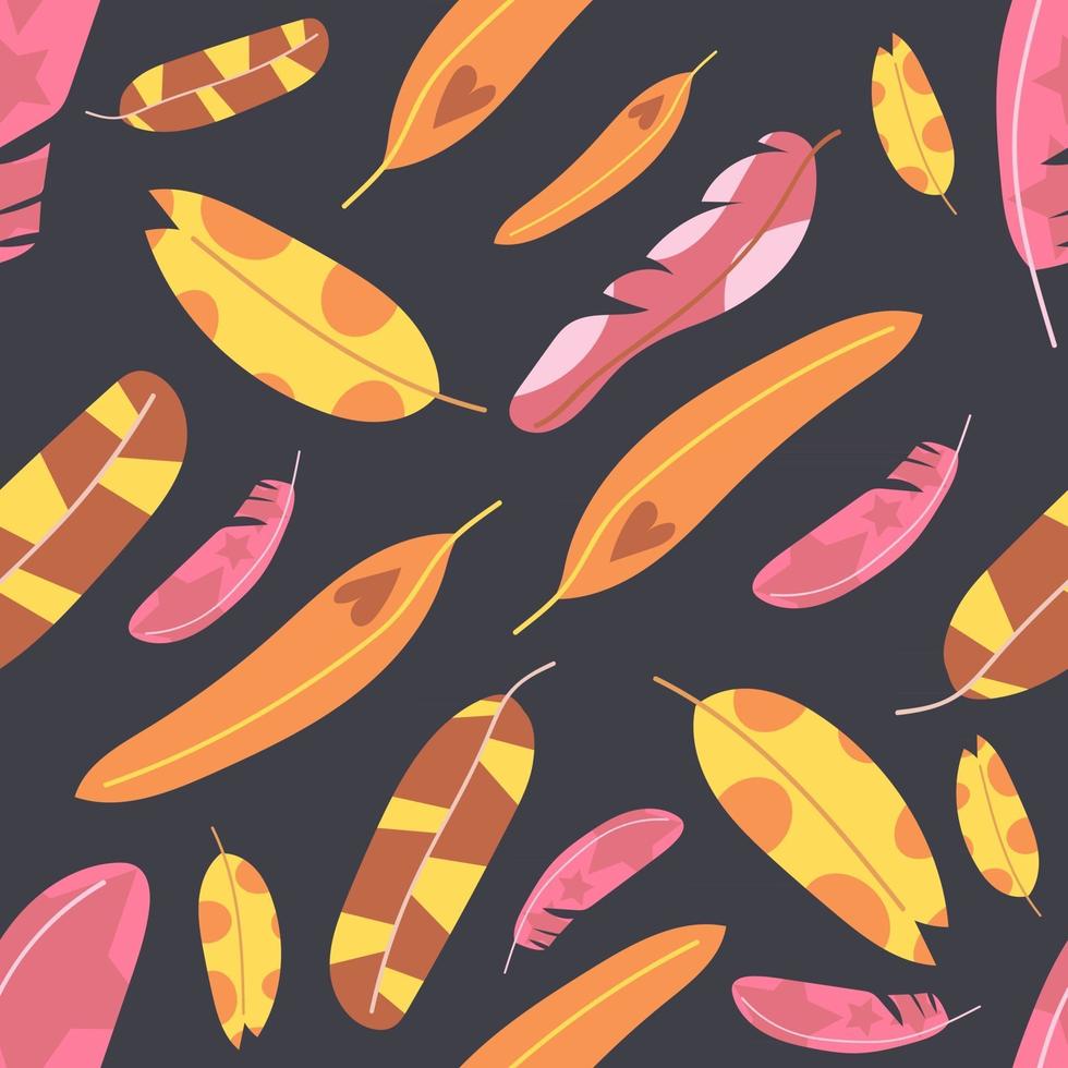 Seamless pattern of hand drawn feathers in bright color on dark blue background. Flat illustration. vector