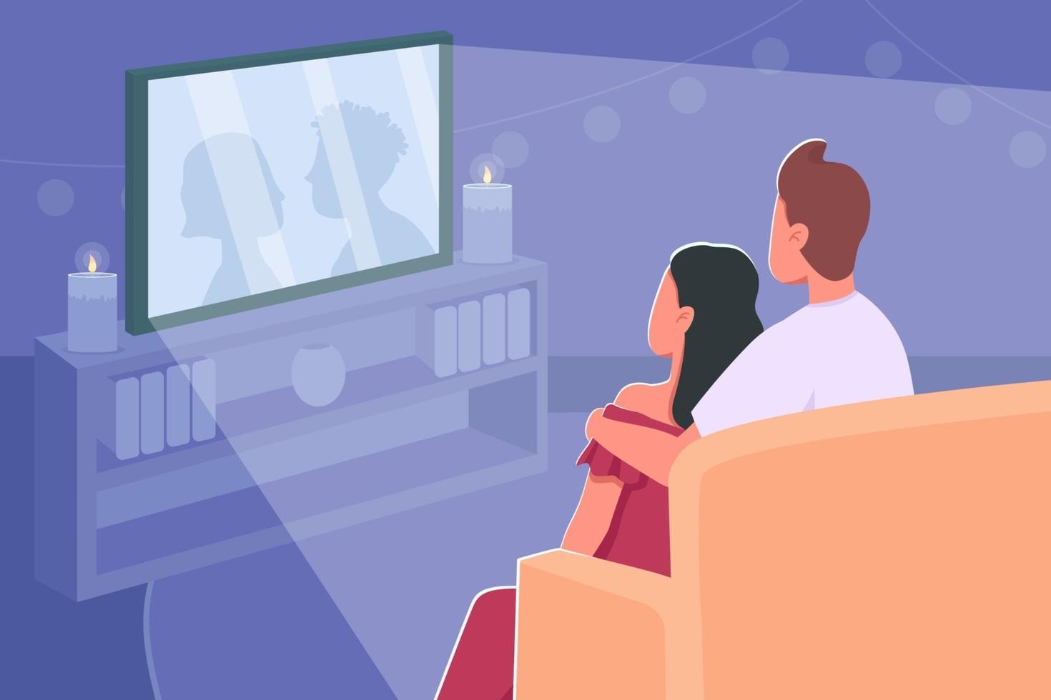 Couple watch movie flat color vector illustration