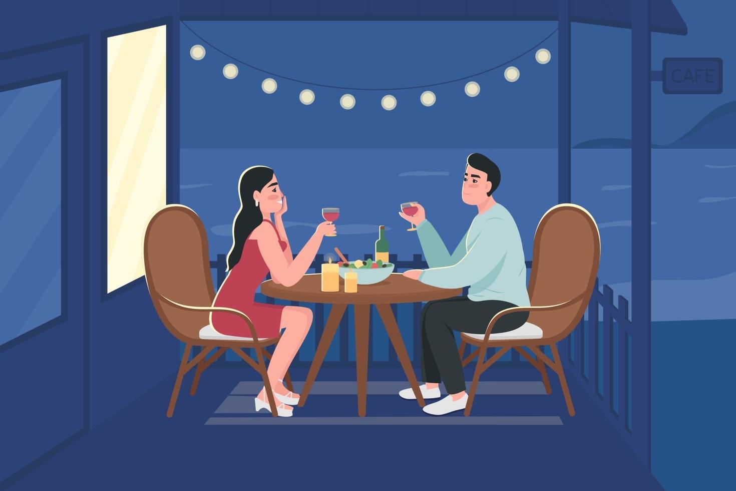 Pareja en la ilustración de vector de color plano de cita de noche romántica