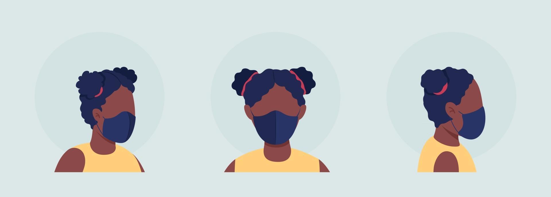 Black female semi flat color vector character avatar with mask set