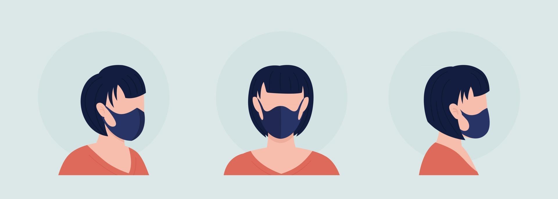 Middle seam mask wearer semi flat color vector character avatar set