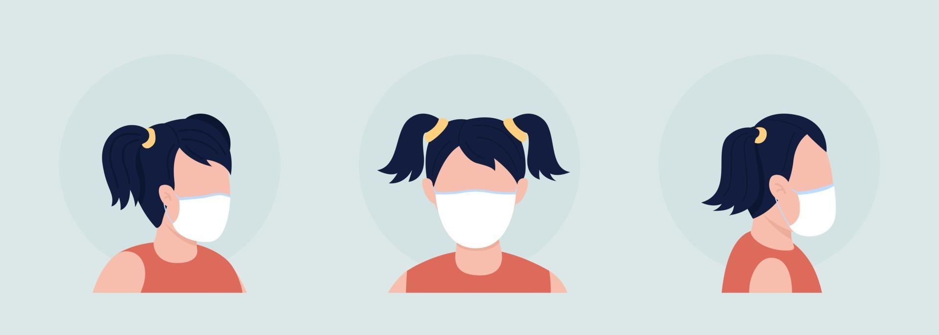 Girl with elastic mask semi flat color vector character avatar set