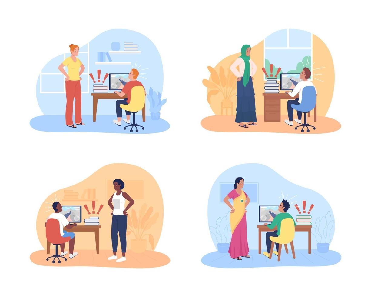 Teenager problem with parent 2D vector isolated illustration set