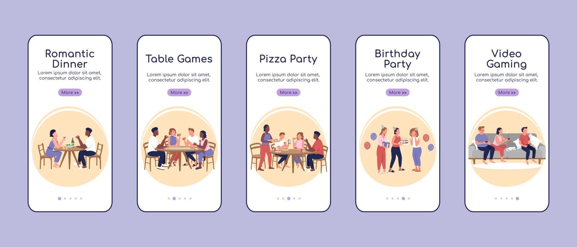 Party types onboarding mobile app screen flat vector template