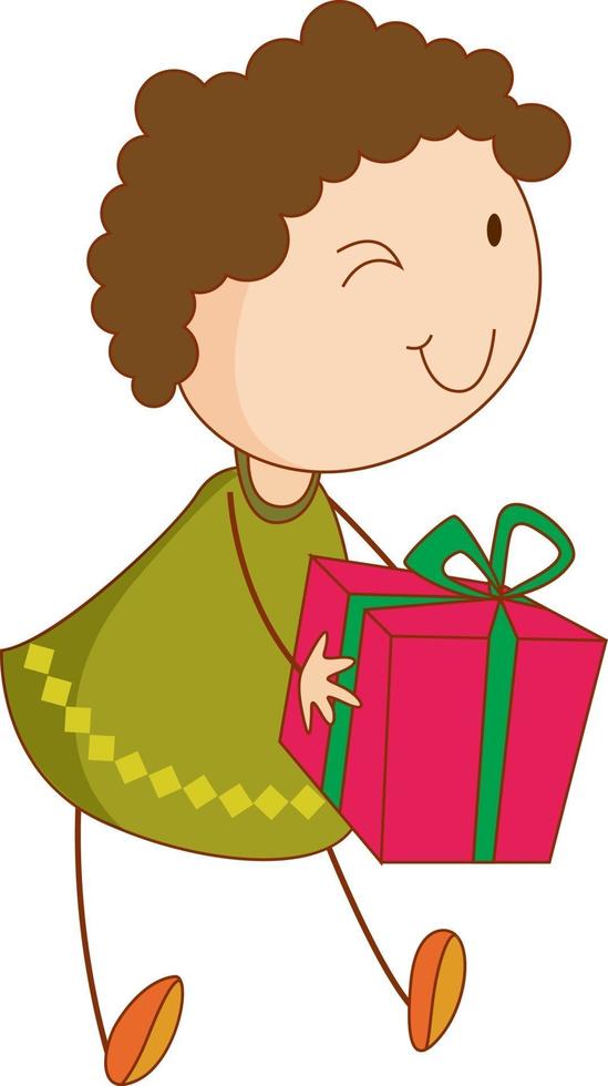 A doodle kid holding a gift box cartoon character isolated vector