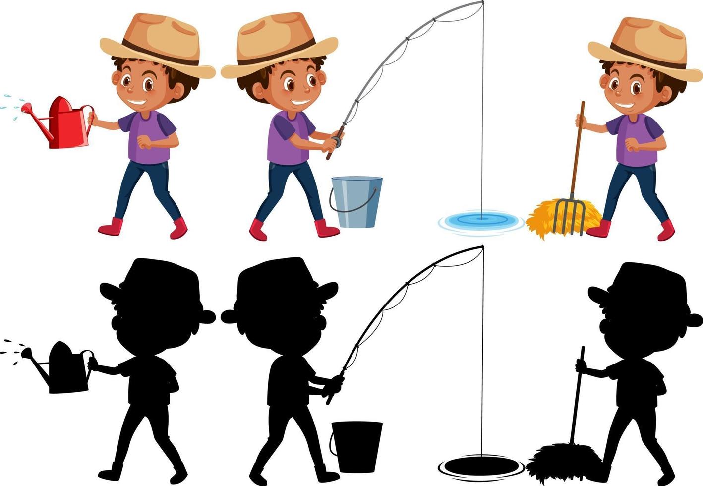 Set of a boy cartoon character doing different activities with its silhouette vector