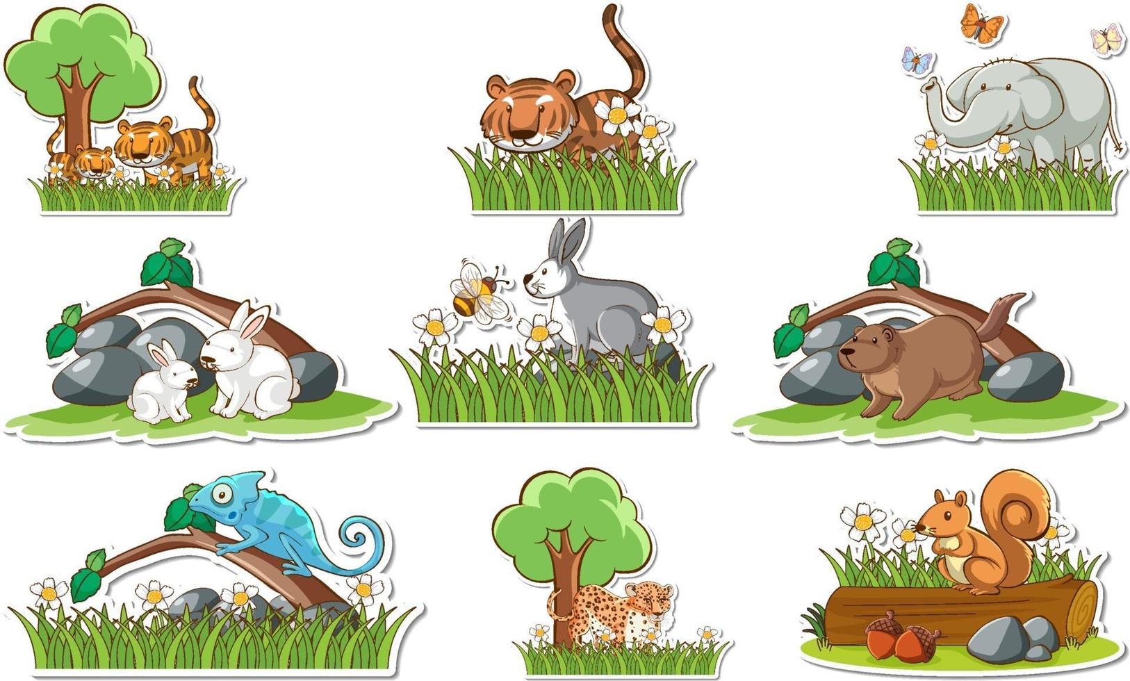 Sticker set with different wild animals and nature elements vector