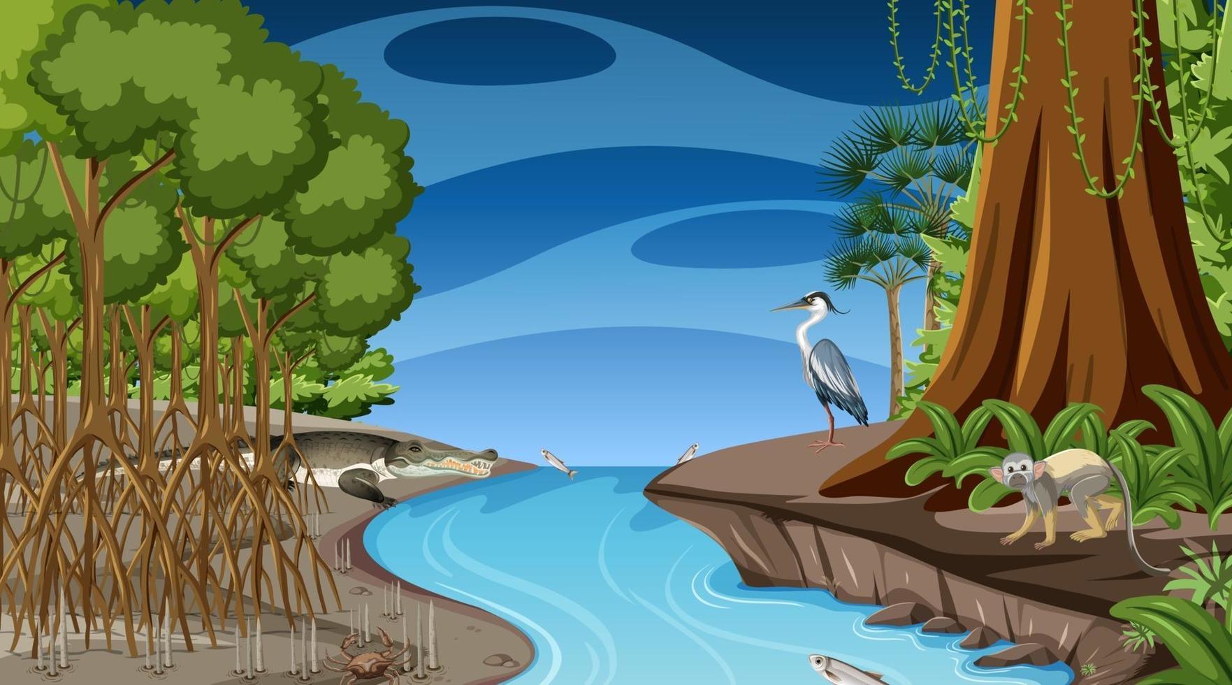 Nature scene with Mangrove forest at night time in cartoon style vector