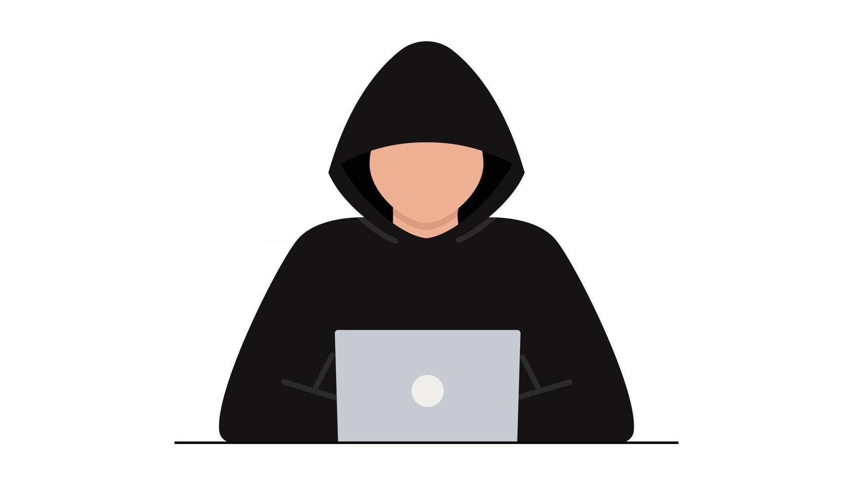 Hacker attack. Fraud with user data on social networks. Internet phishing, hacked password. Cybercrime and crime. A thief on a website online on the internet. The criminal behind a laptop, computer. vector