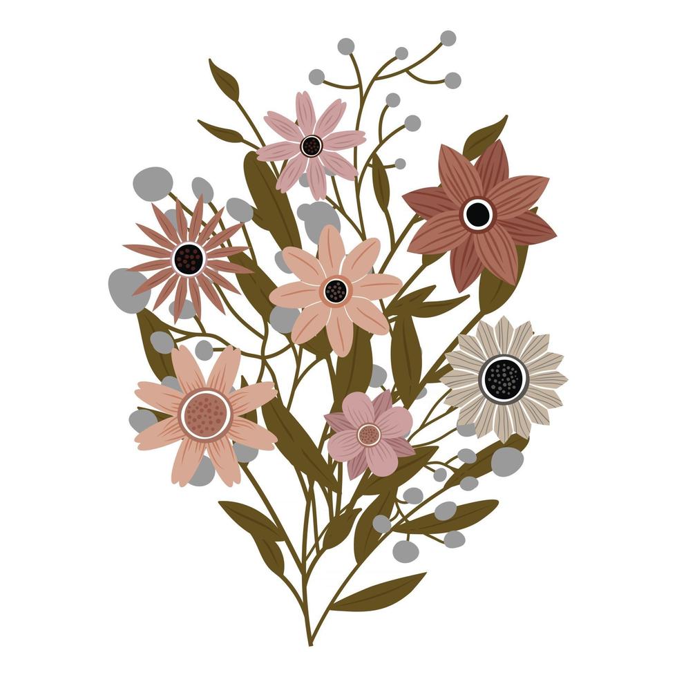 A bouquet of different beautiful wildflowers with leaves from the garden. Various flowering plants with flowers and stems. Wedding decorations, greetings and gifts. Elements are isolated and editable. vector