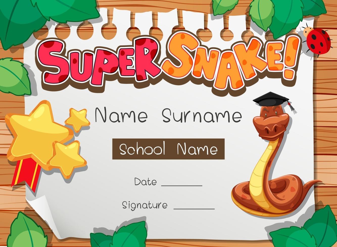 Diploma or certificate template for school kids with super snake cartoon character vector