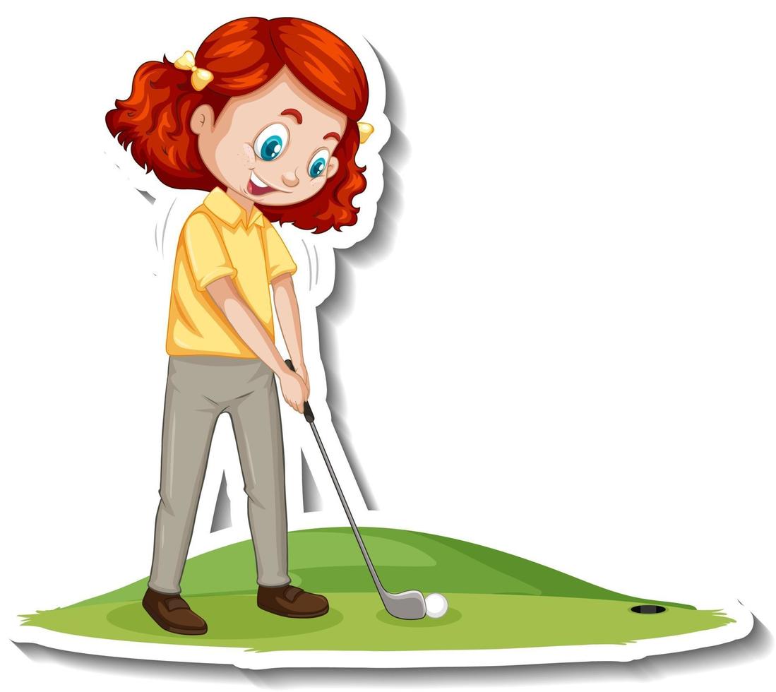 pegatina de personaje de dibujos animados con una niña jugando al golf vector