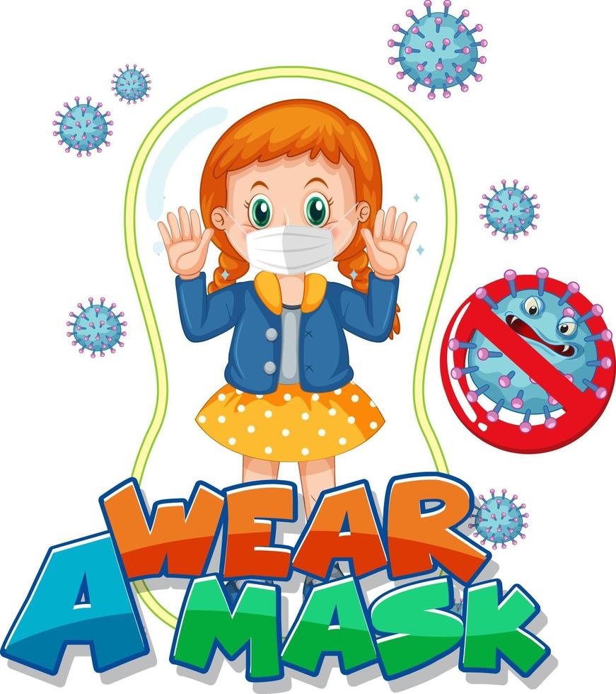 Wear a mask font design with a girl wearing medical mask on white background vector