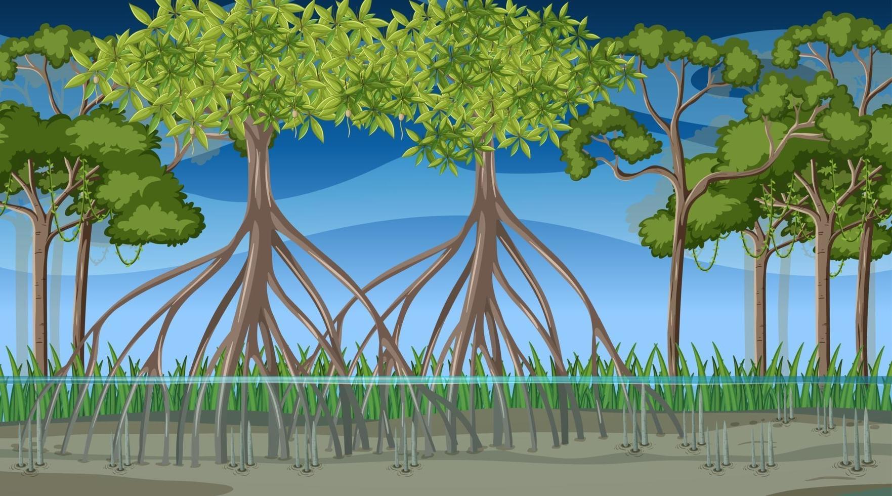 escena de la naturaleza con bosque de manglares en la noche en estilo de dibujos animados vector