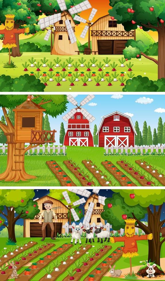 Different farm scenes with old farmer and animal cartoon character vector