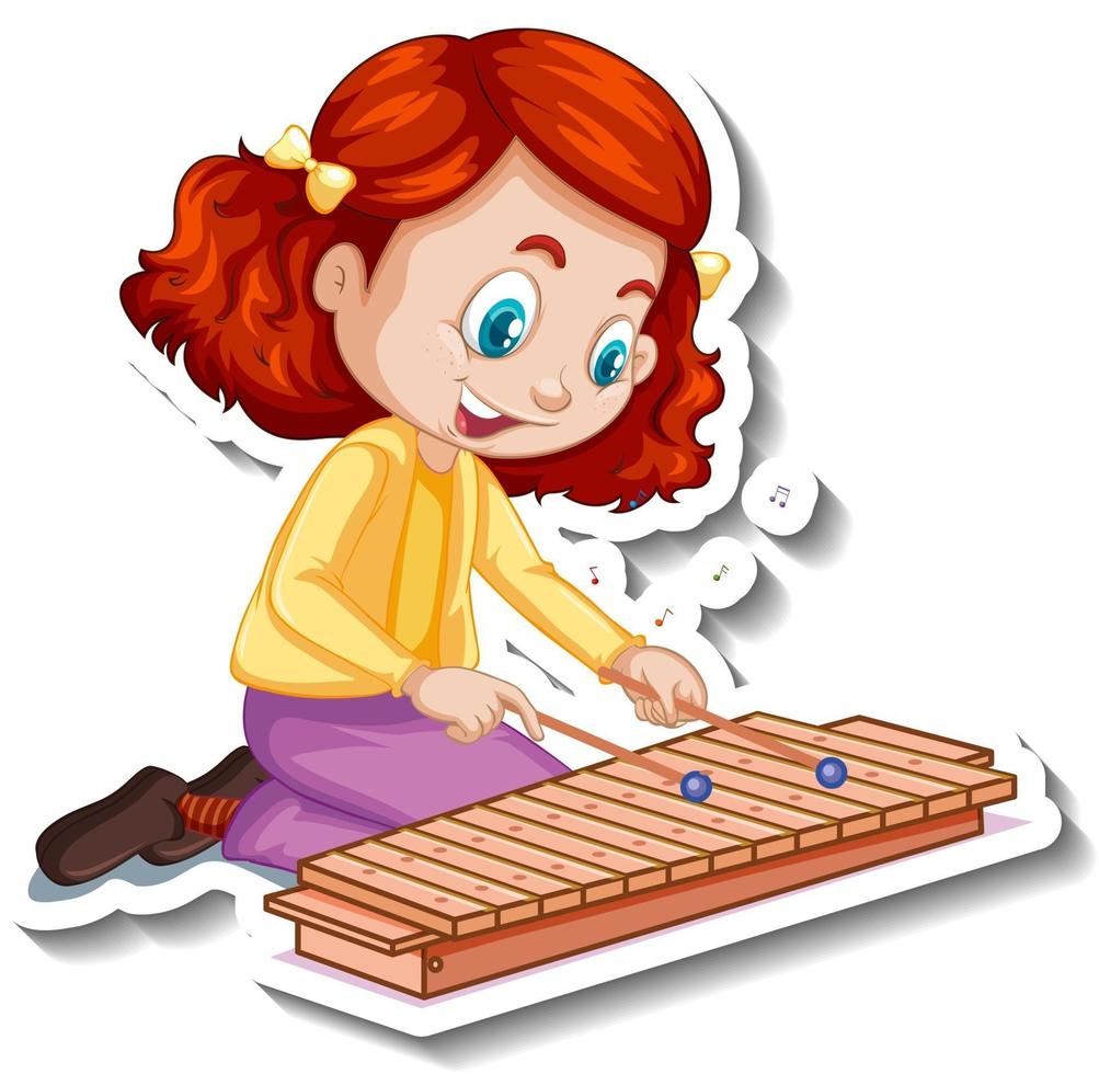 pegatina de personaje de dibujos animados con una niña tocando el xilófono vector