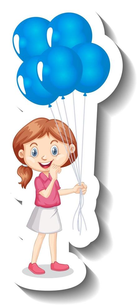 Cartoon character of girl holding many balloons cartoon sticker vector