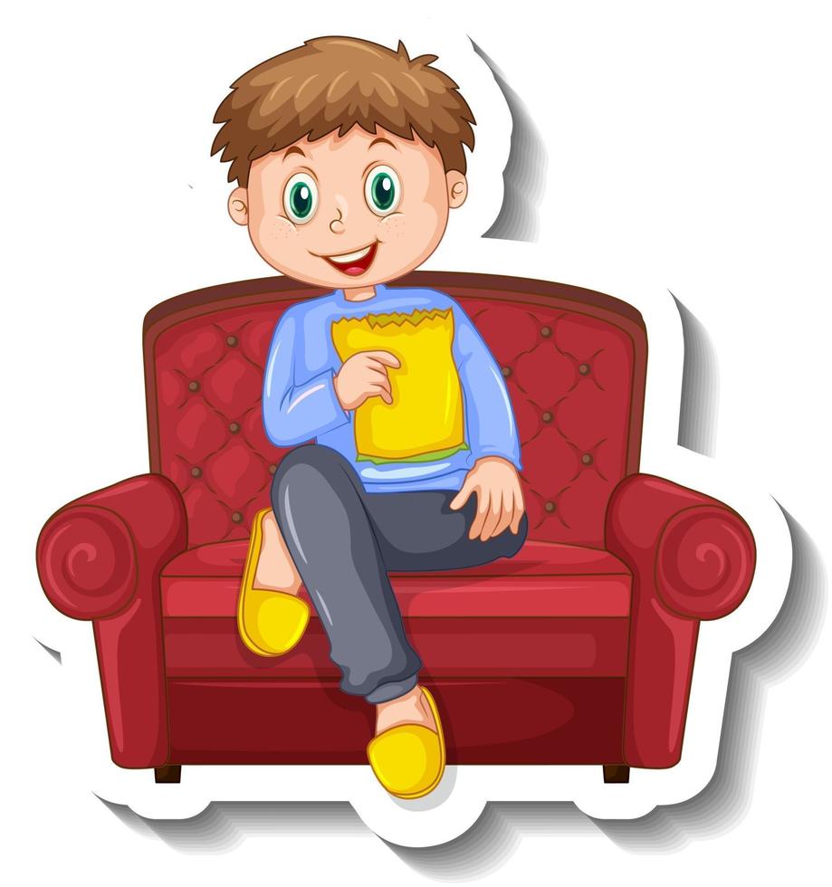 A sticker template with a boy sitting on sofa vector