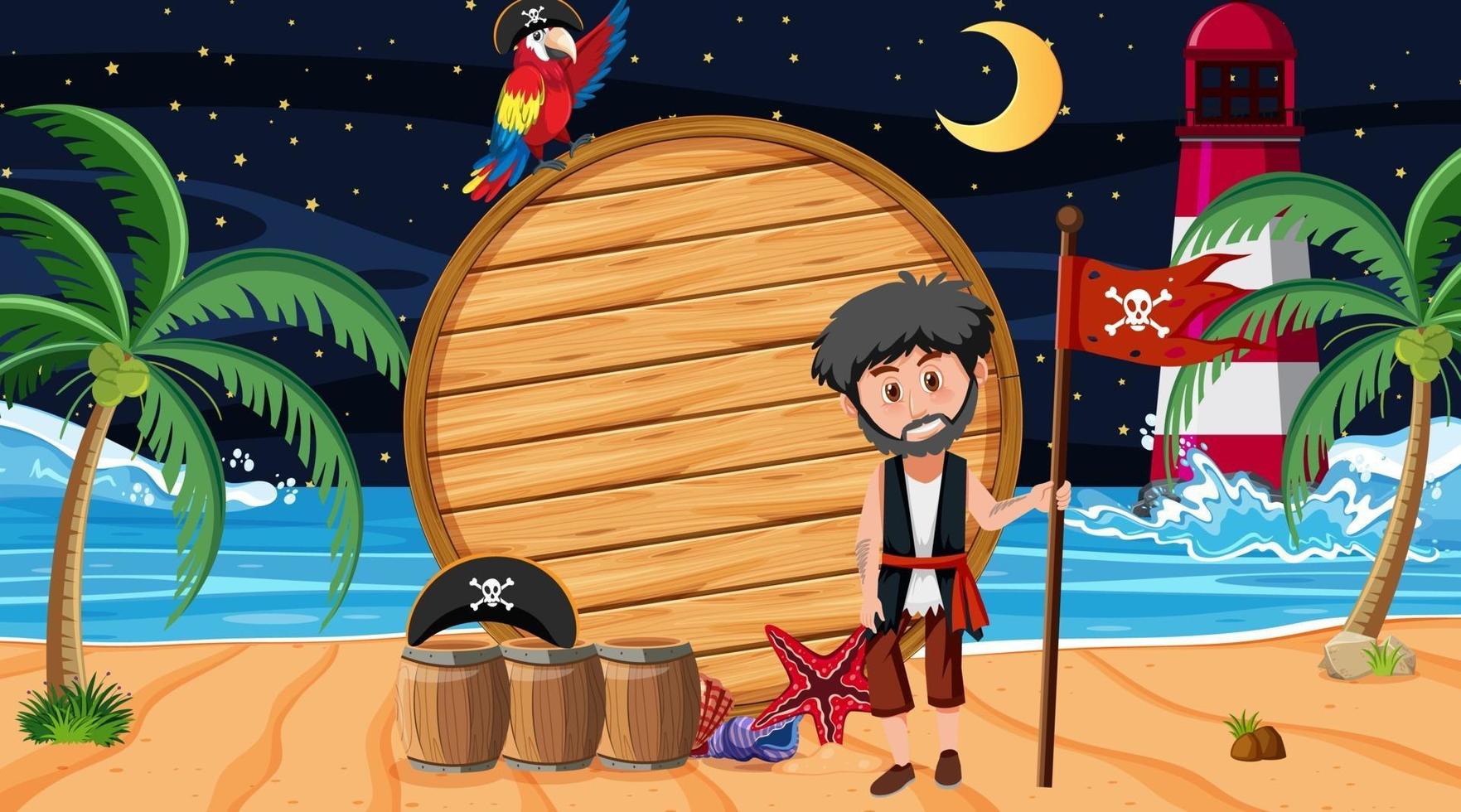 Niños piratas en la escena nocturna de la playa con una plantilla de banner de madera vacía vector