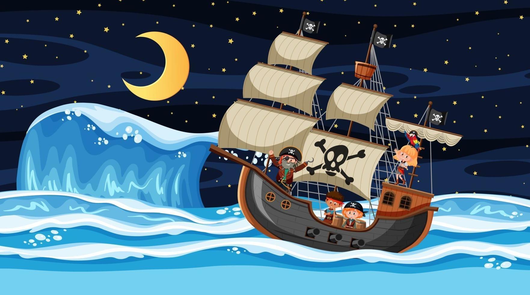 Ocean with Pirate ship at night scene in cartoon style vector