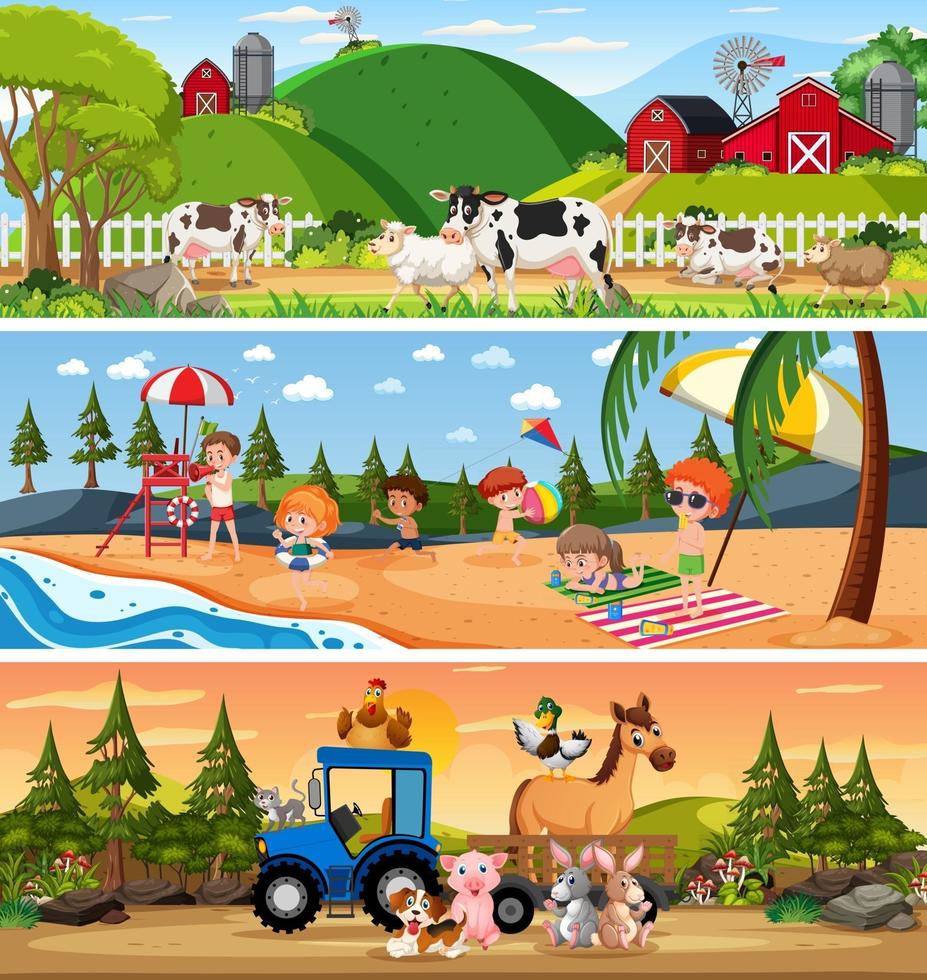 Set of different nature landscape at daytime scene with cartoon character vector