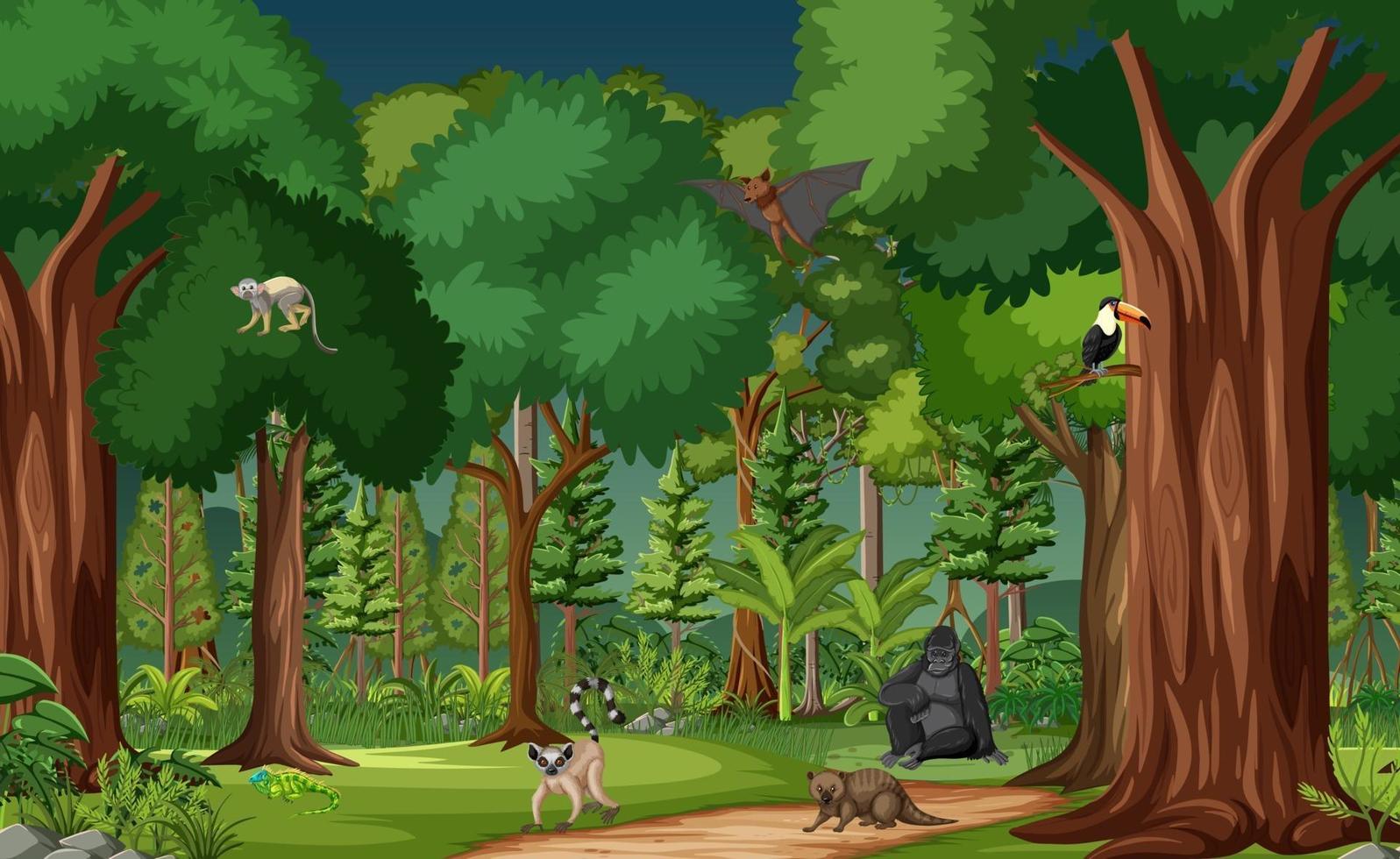 Tropical rainforest scene with various wild animals vector