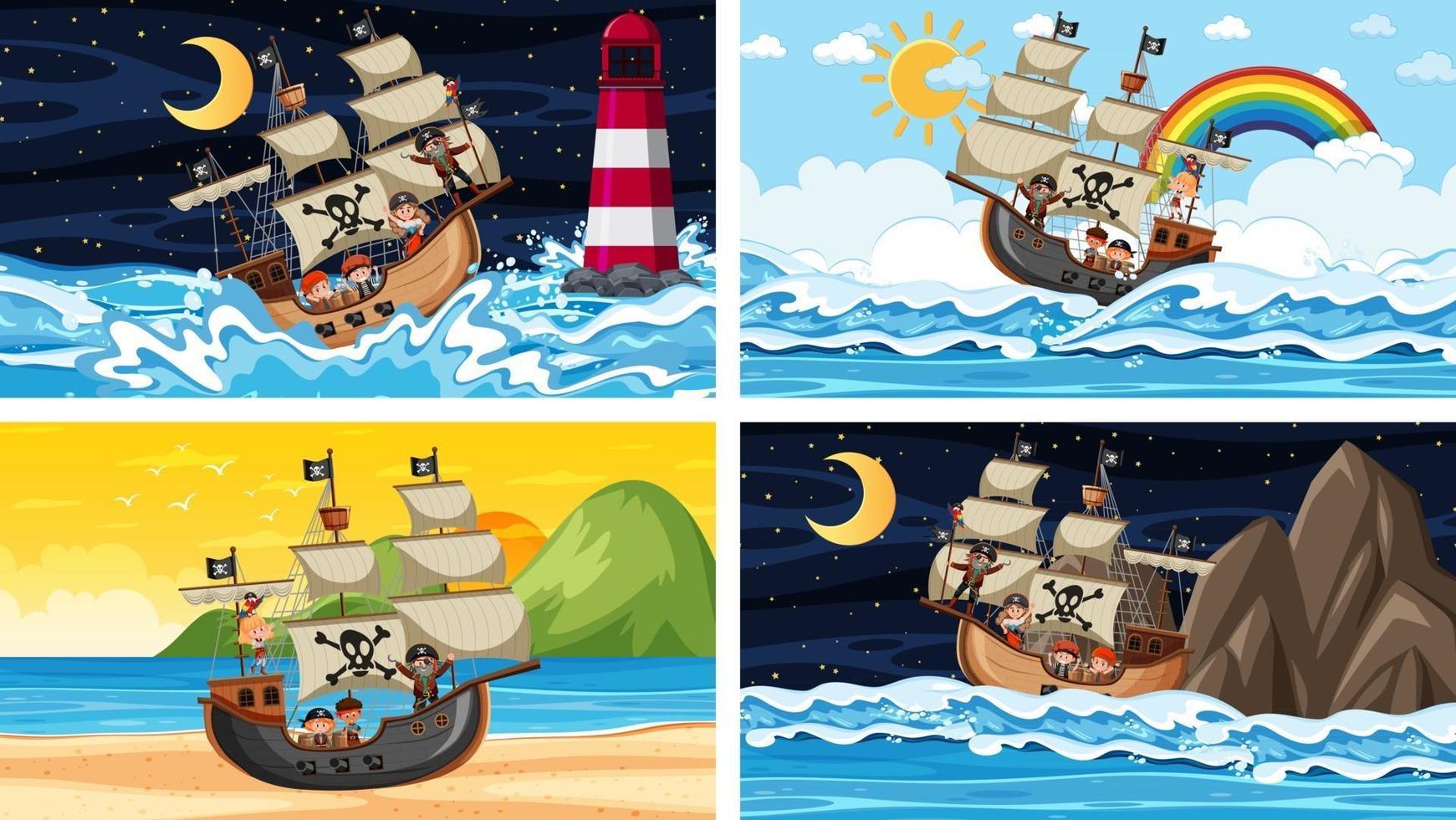 Set of different beach scenes with pirate ship and pirate cartoon character vector