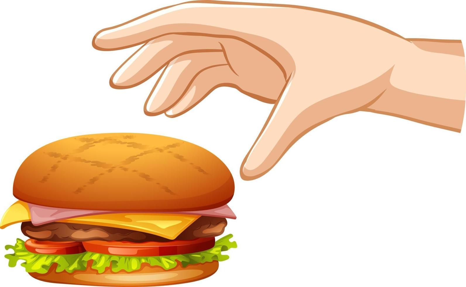 Mano tratando de agarrar una hamburguesa sobre fondo blanco. vector